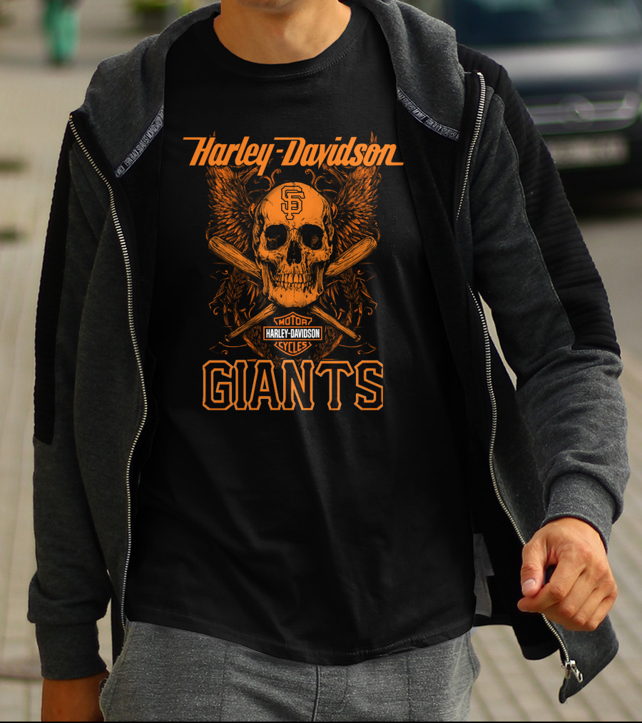Harley Davidson San Francisco Giants Skull Wings Crossed Bats T-Shirt