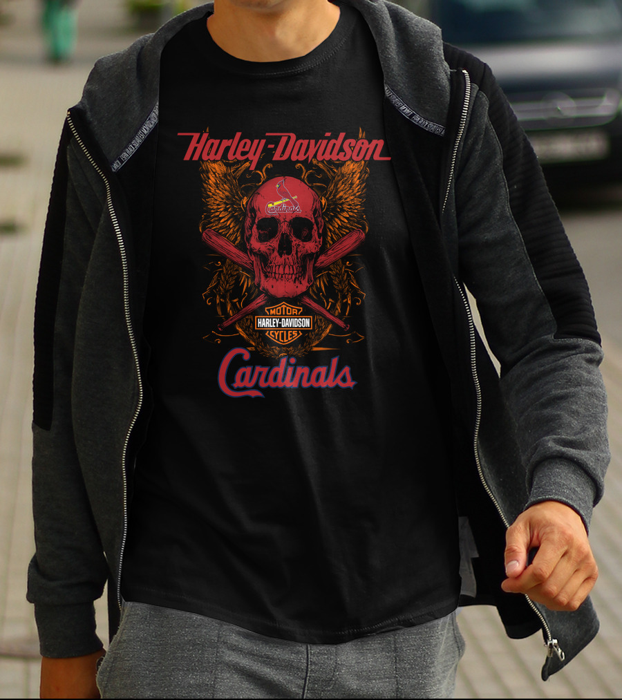 Harley Davidson Motor Cycles Skull Crossed Bats St Louis Cardinals T-Shirt