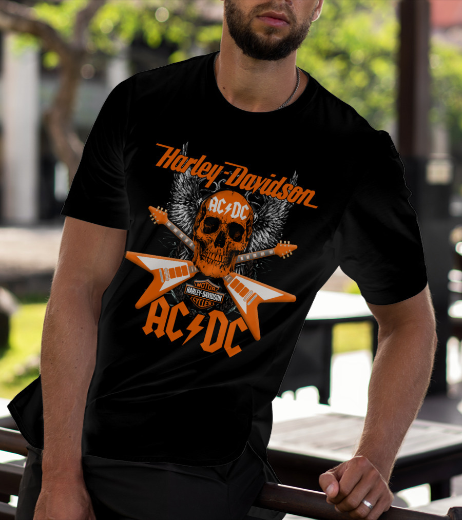 Harley Davidson Ac/Dc Skull Electric Guitar Motor Cycles T-Shirt