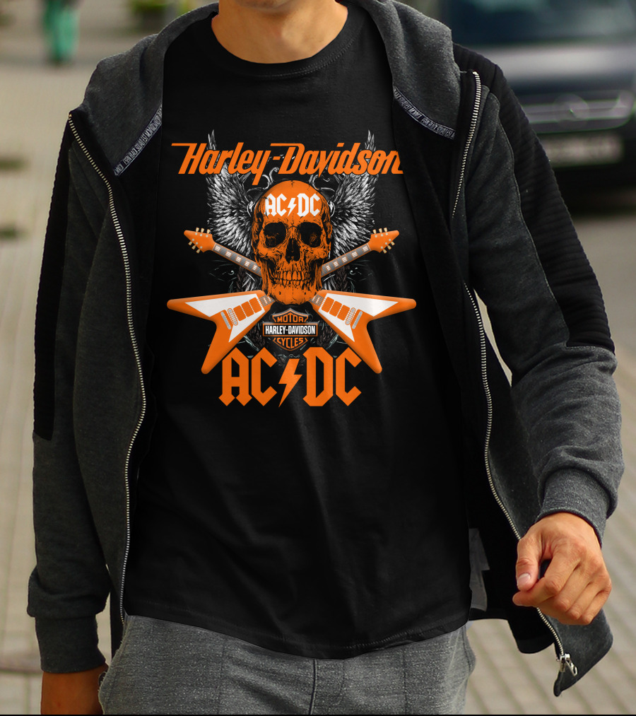 Harley Davidson Ac/Dc Skull Electric Guitar Motor Cycles T-Shirt