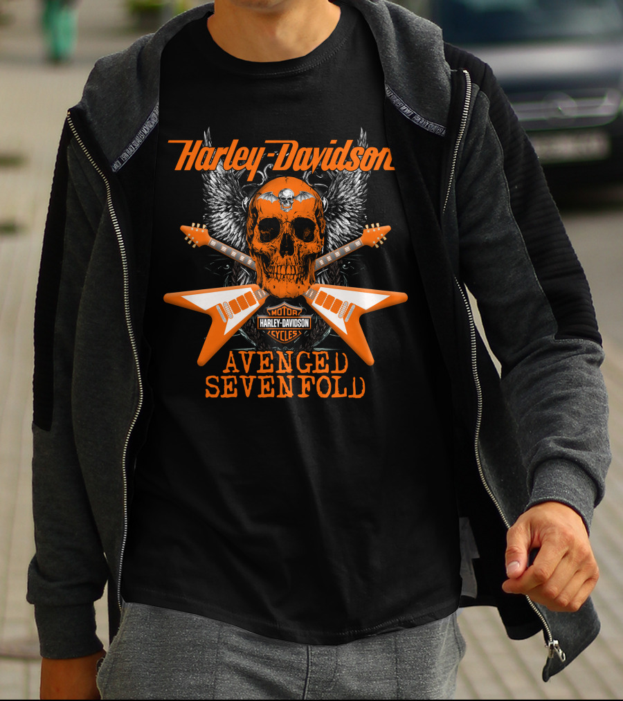 Harley Davidson Avenged Sevenfold Electric Guitar Skull Winged T-Shirt
