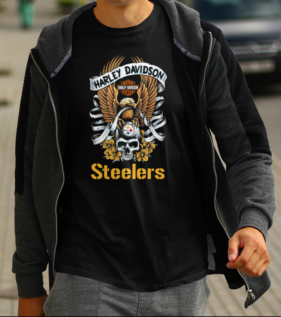 Harley Davidson Motor Cycles Pittsburgh Steelers Skull And Eagle T-Shirt