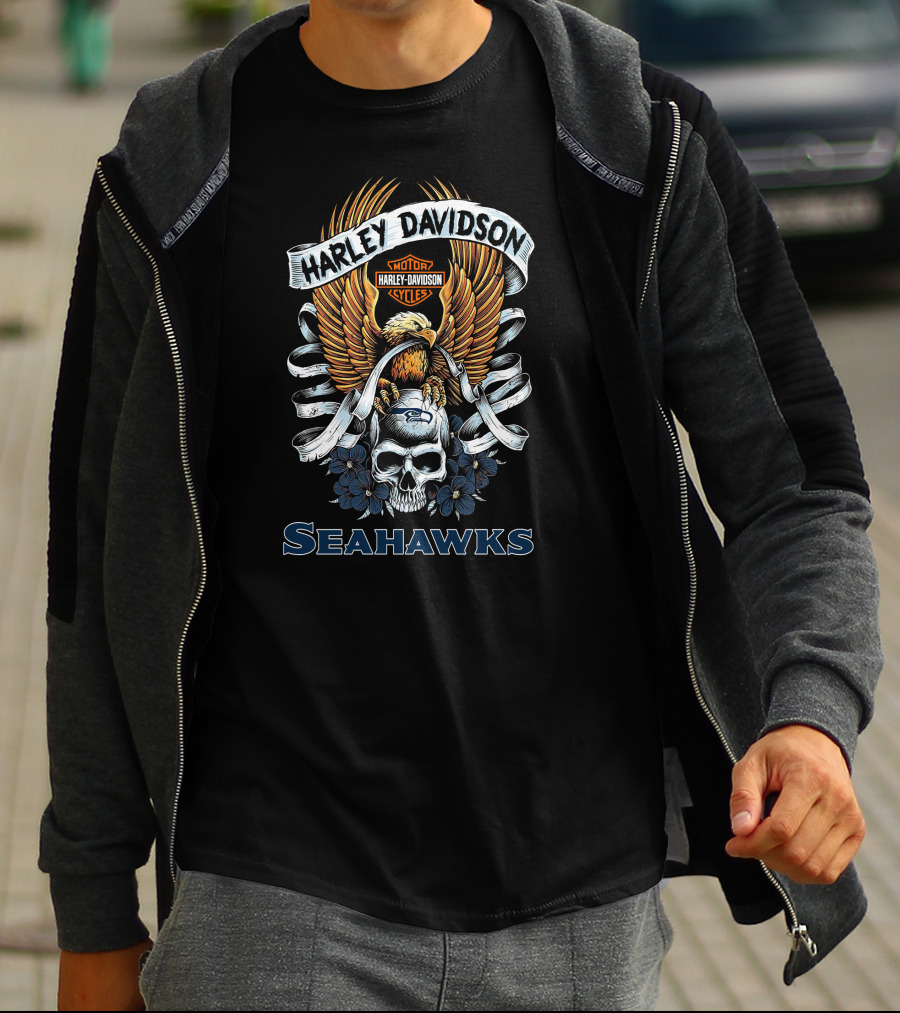 Harley Davidson Motor Cycles Skull Eagle Seattle Seahawks T-Shirt