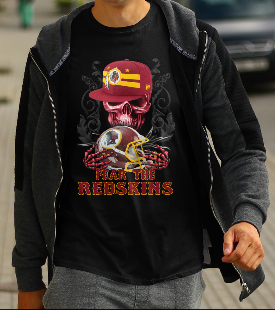 Fear The Redskins Skull With Helmet And Cap T-Shirt