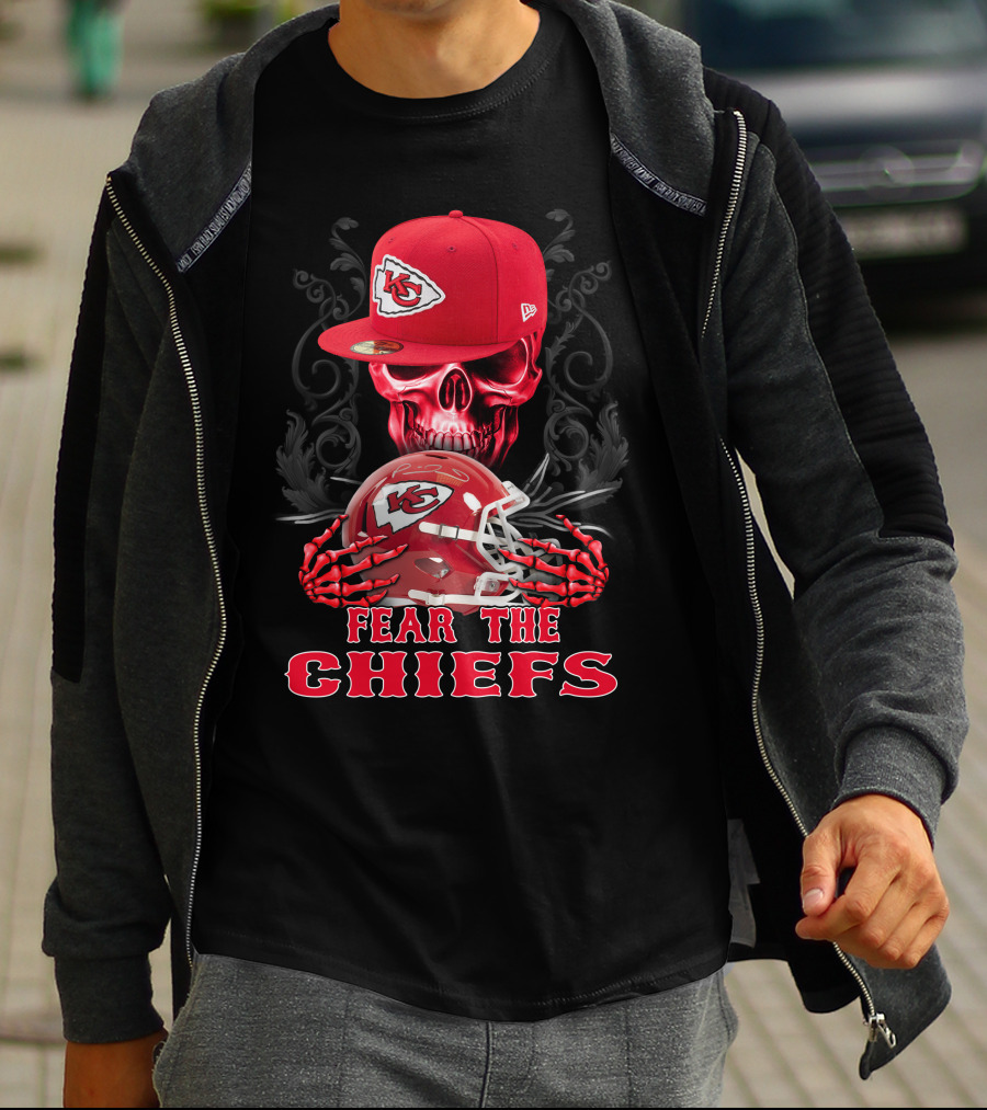 Fear The Chiefs Kansas City Chiefs Skull Helmet Cap T-Shirt