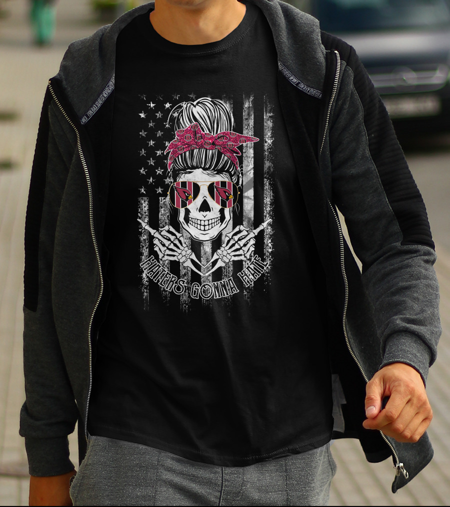 Haters Gonna Hate Arizona Cardinals Skull American Flag Sunglasses T-Shirt