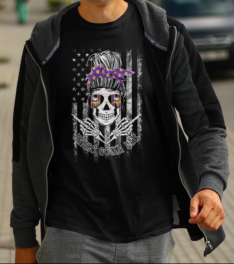 Haters Gonna Hate Minnesota Vikings Skull With Bandana And Sunglasses American Flag T-Shirt