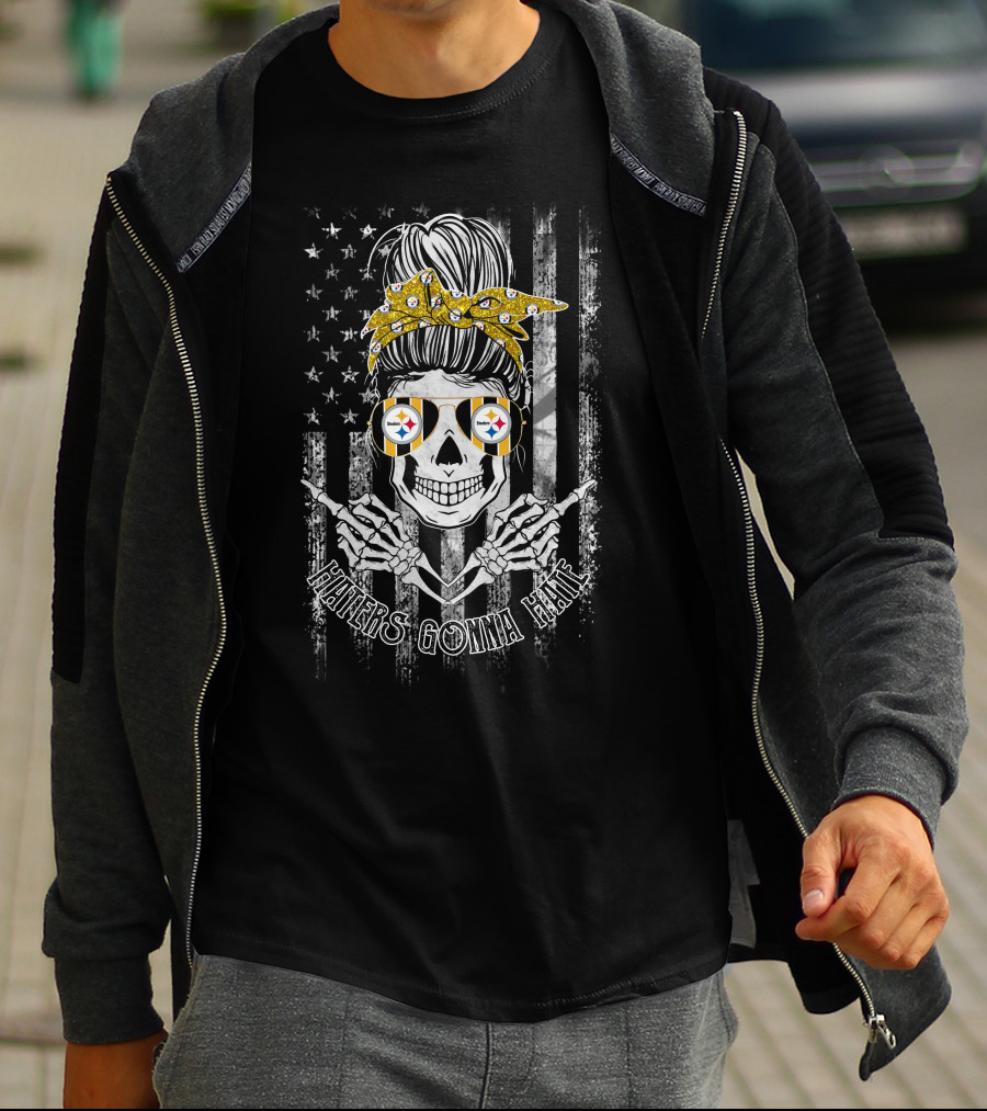 Haters Gonna Hate Pittsburgh Steelers Skull Bandana Bow Flag Sunglasses T-Shirt