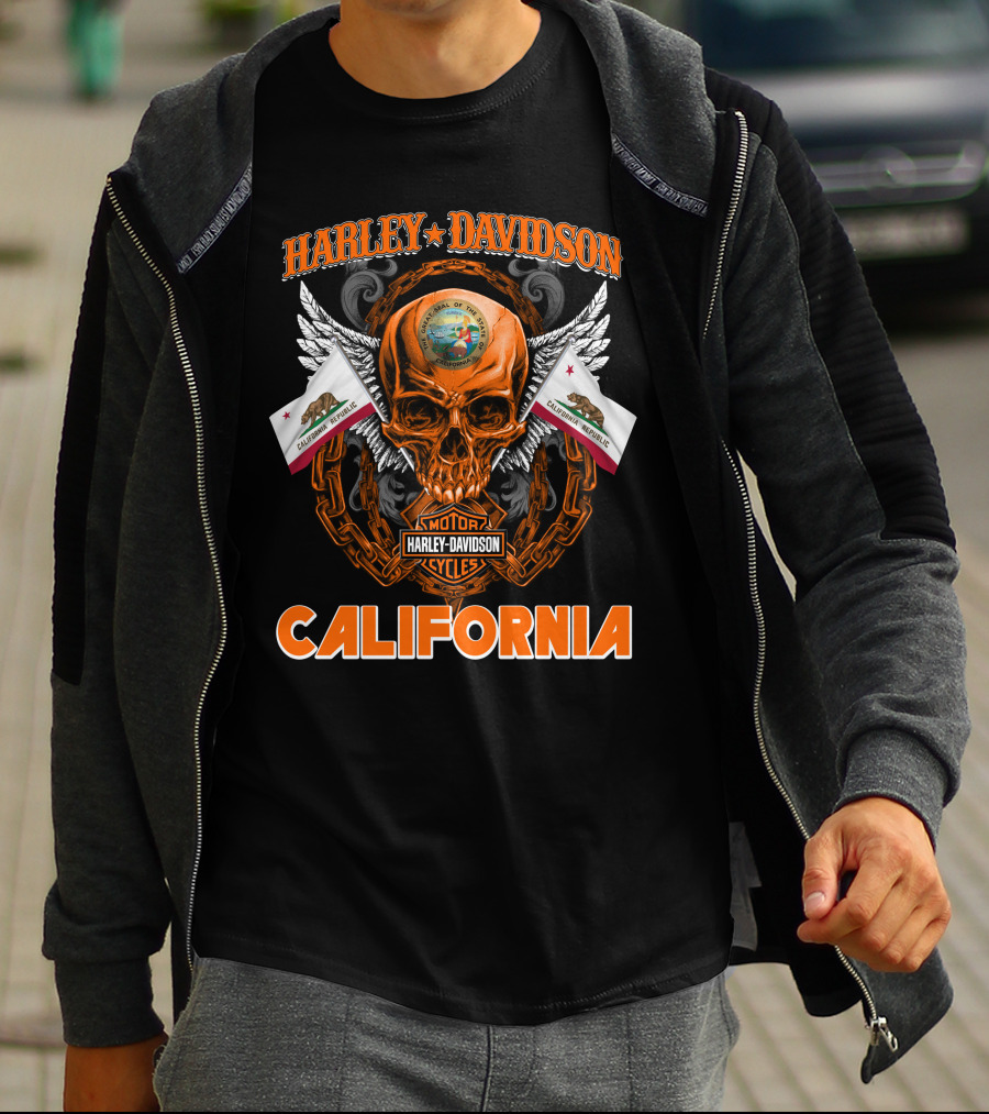 Harley Davidson California Skull Emblem With State Flag And Wings T-Shirt