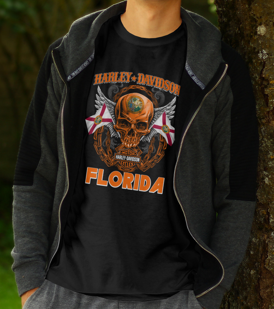 Harley Davidson Florida Skull With Chains And Florida Flags T-Shirt