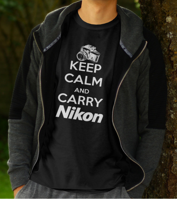 Keep Calm And Carry Nikon Cool Photographer Theme With Vintage Camera T-Shirt