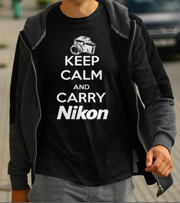 Keep Calm And Carry Nikon Cool Photographer Theme With Vintage Camera T-Shirt