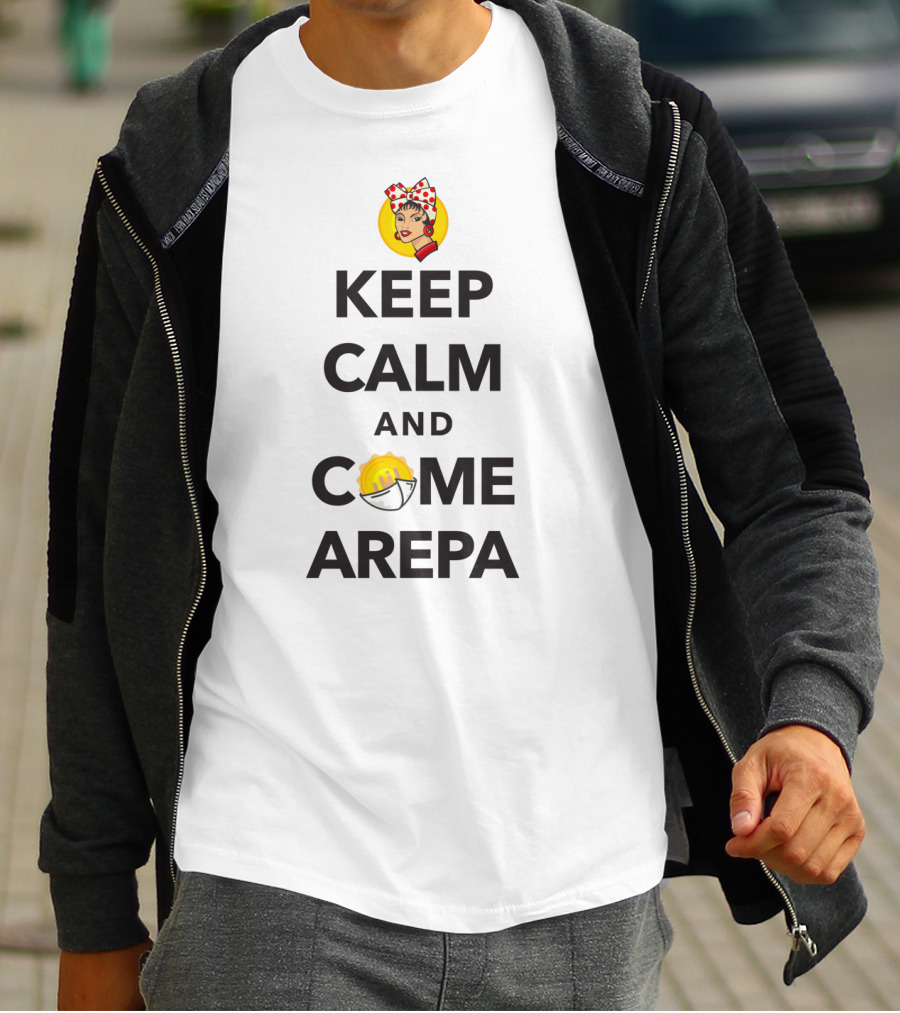 Keep Calm And Come Arepa Retro Pop Art Style With Woman And Arepa Icons T-Shirt