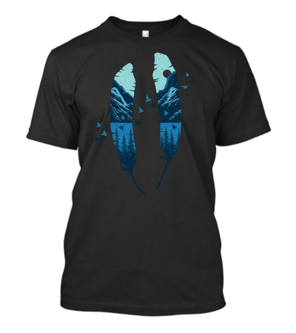 Feather Mountain Scenic Lake And Forest Landscape With Birds And Moon T-Shirt