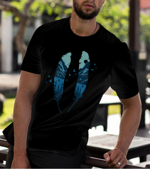 Feather Mountain Scenic Lake And Forest Landscape With Birds And Moon T-Shirt