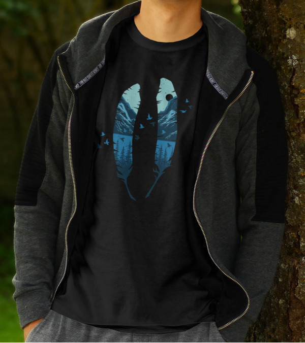 Feather Mountain Scenic Lake And Forest Landscape With Birds And Moon T-Shirt