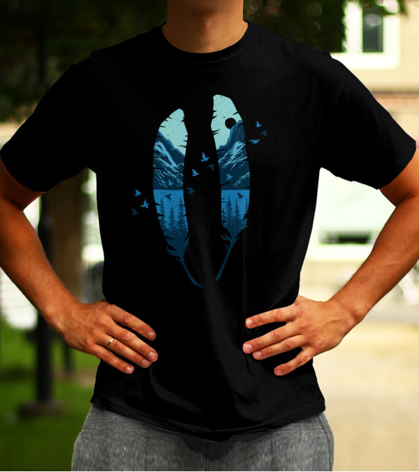 Feather Mountain Scenic Lake And Forest Landscape With Birds And Moon T-Shirt