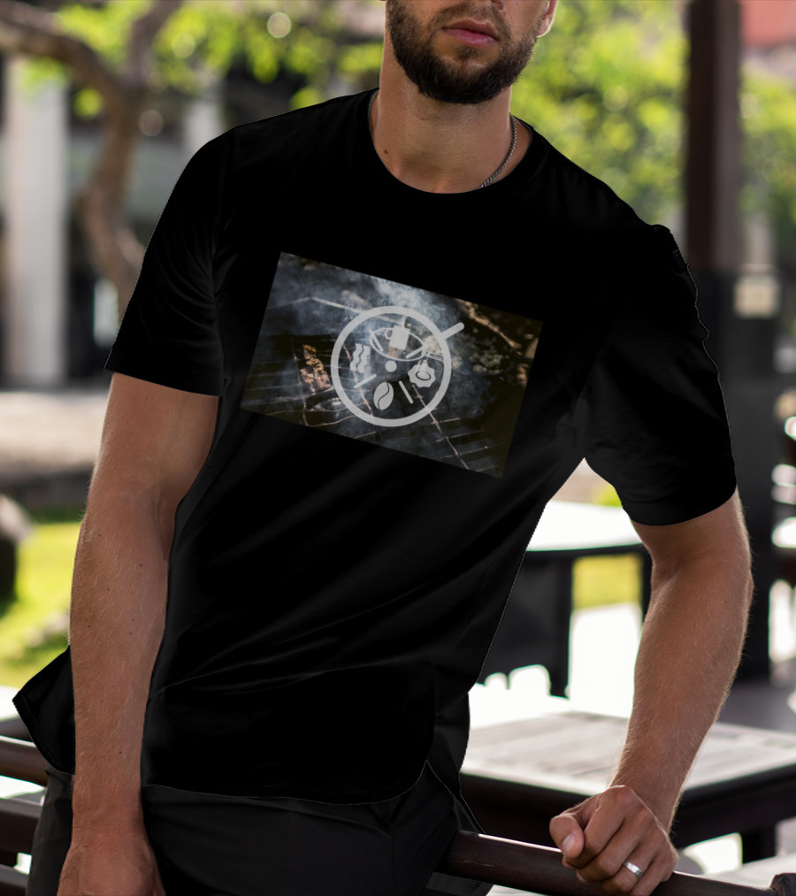 Campfire Cooking Coffee And Breakfast Icons On Grill With Smoke T-Shirt
