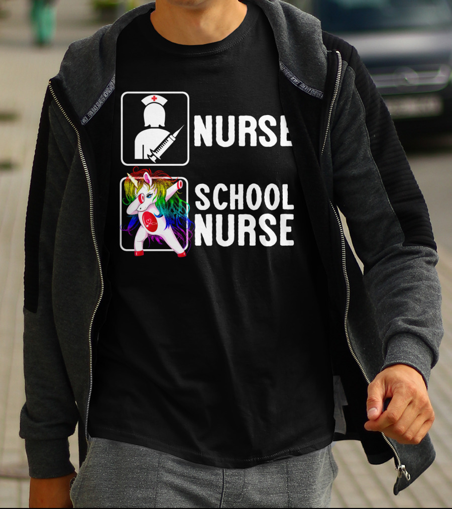 Nurse School Nurse Unicorn Rainbow Contrast T-Shirt