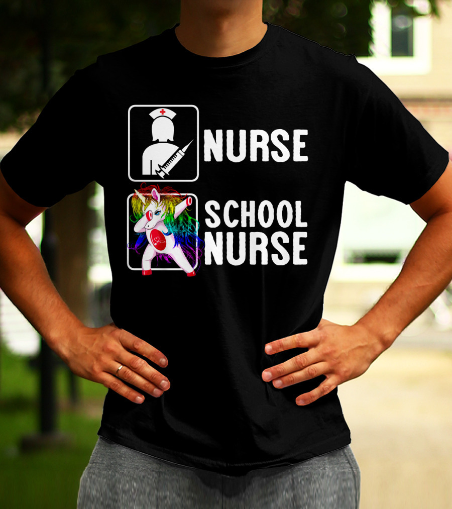 Nurse School Nurse Unicorn Rainbow Contrast T-Shirt