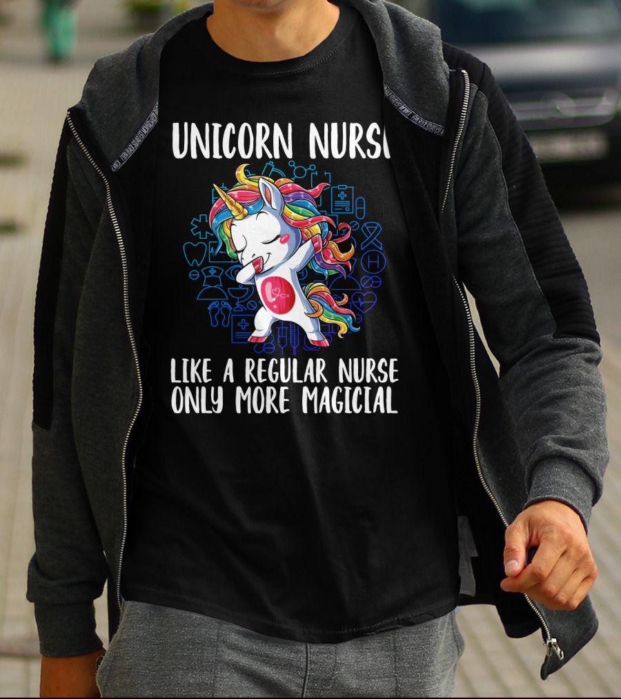 Unicorn Nurse Like A Regular Nurse Only More Magical With Colorful Rainbow Hair And Medical Symbols T-Shirt