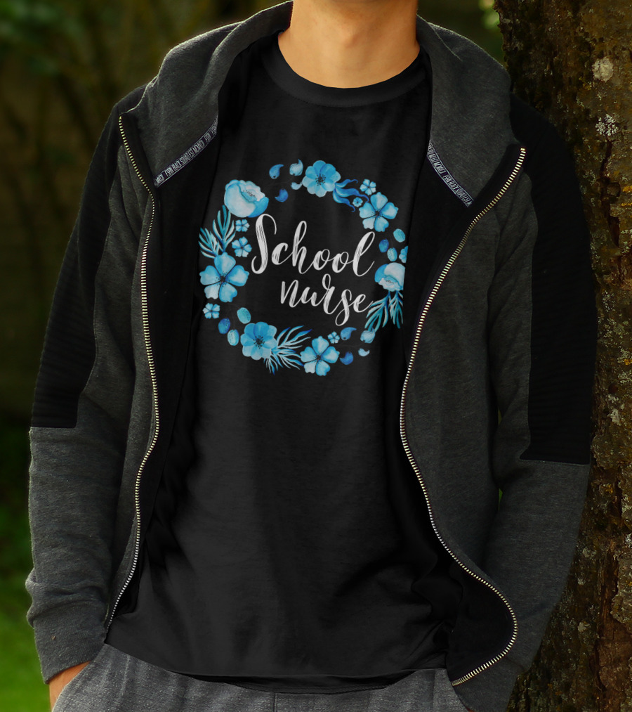 School Nurse Blue Floral Circle T-Shirt