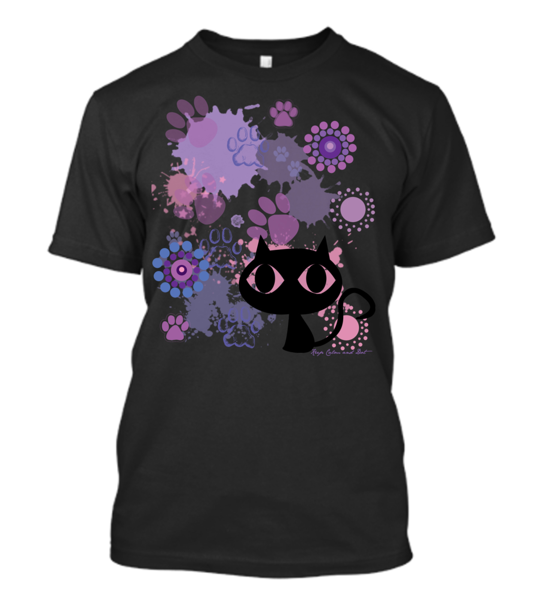 Island Paws Cat Silhouette And Colorful Paw Prints By Robyn Gabel Purr T-Shirt