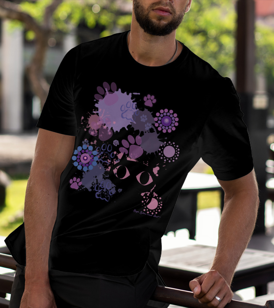Island Paws Cat Silhouette And Colorful Paw Prints By Robyn Gabel Purr T-Shirt