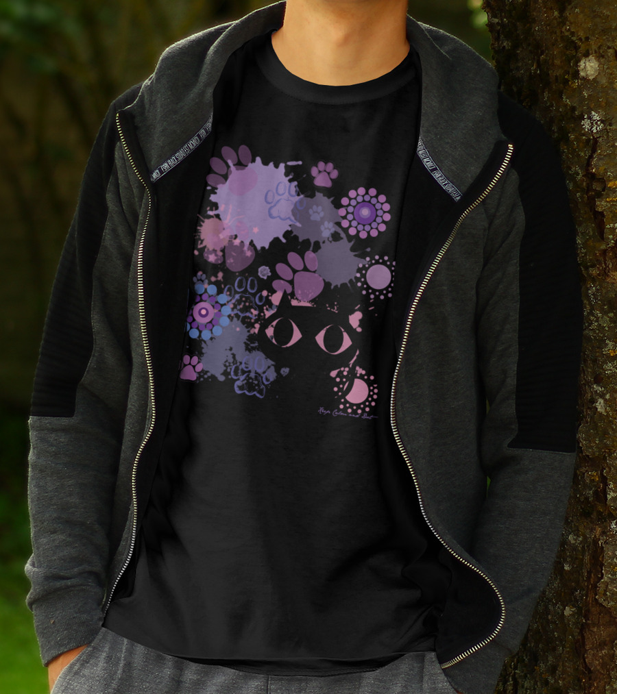 Island Paws Cat Silhouette And Colorful Paw Prints By Robyn Gabel Purr T-Shirt
