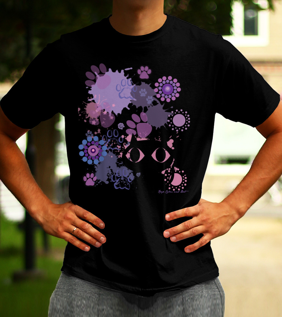 Island Paws Cat Silhouette And Colorful Paw Prints By Robyn Gabel Purr T-Shirt