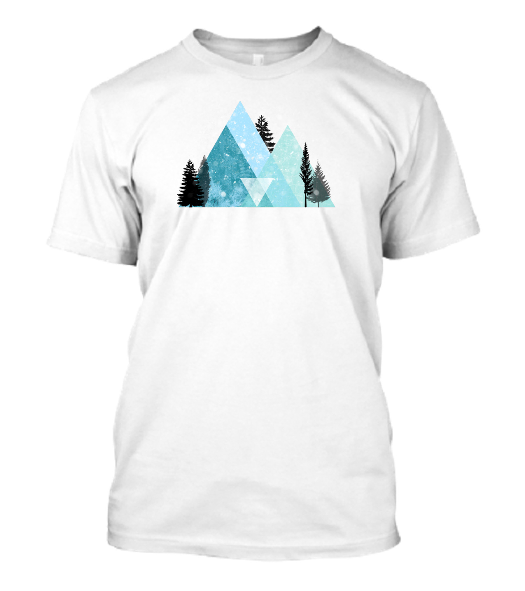 Geometric Snow Mountain With Forest Silhouette And Falling Snowflakes T-Shirt