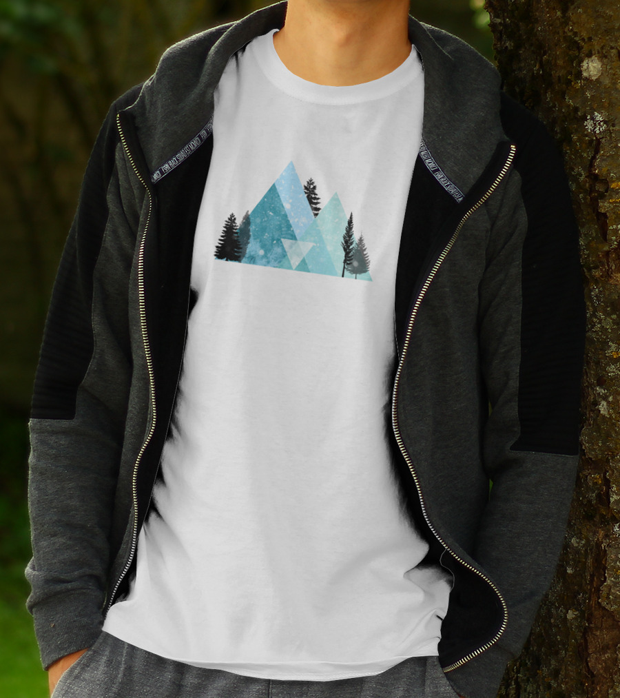 Geometric Snow Mountain With Forest Silhouette And Falling Snowflakes T-Shirt