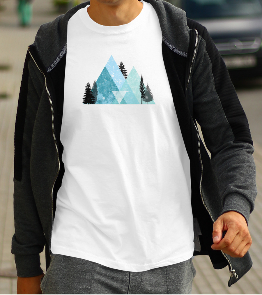 Geometric Snow Mountain With Forest Silhouette And Falling Snowflakes T-Shirt