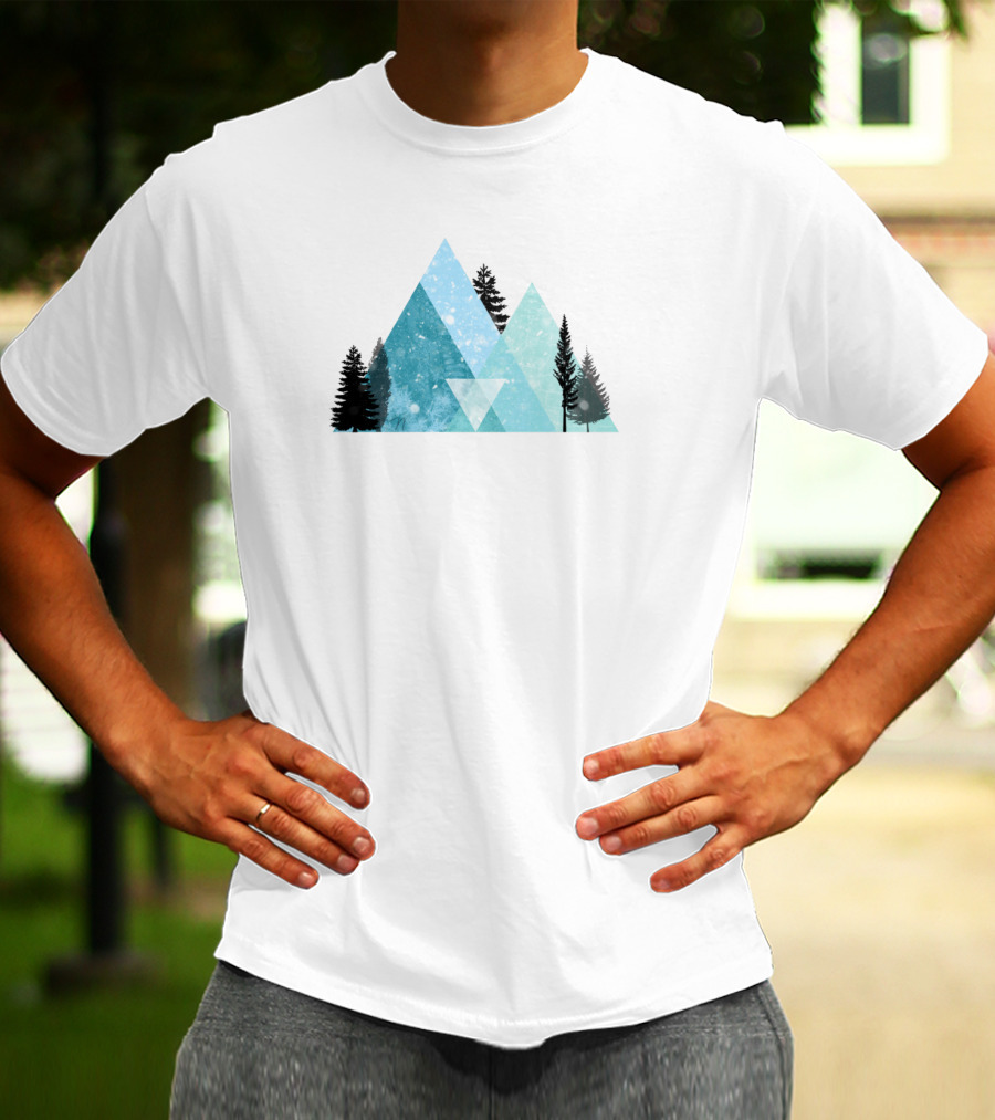 Geometric Snow Mountain With Forest Silhouette And Falling Snowflakes T-Shirt