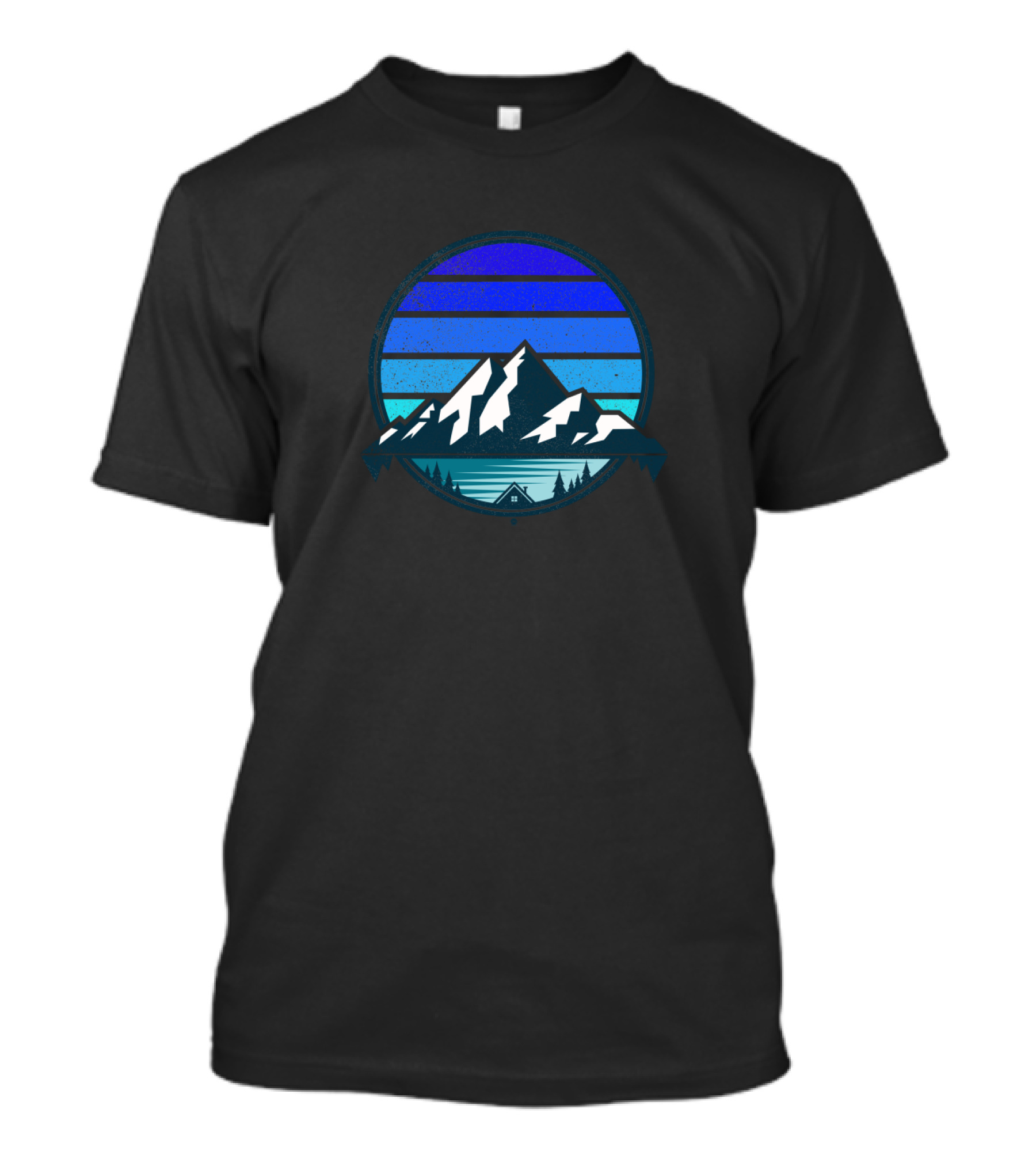 Mountain Landscape Stripes With Blue And White Snow Peaks And Cabin Scene T-Shirt