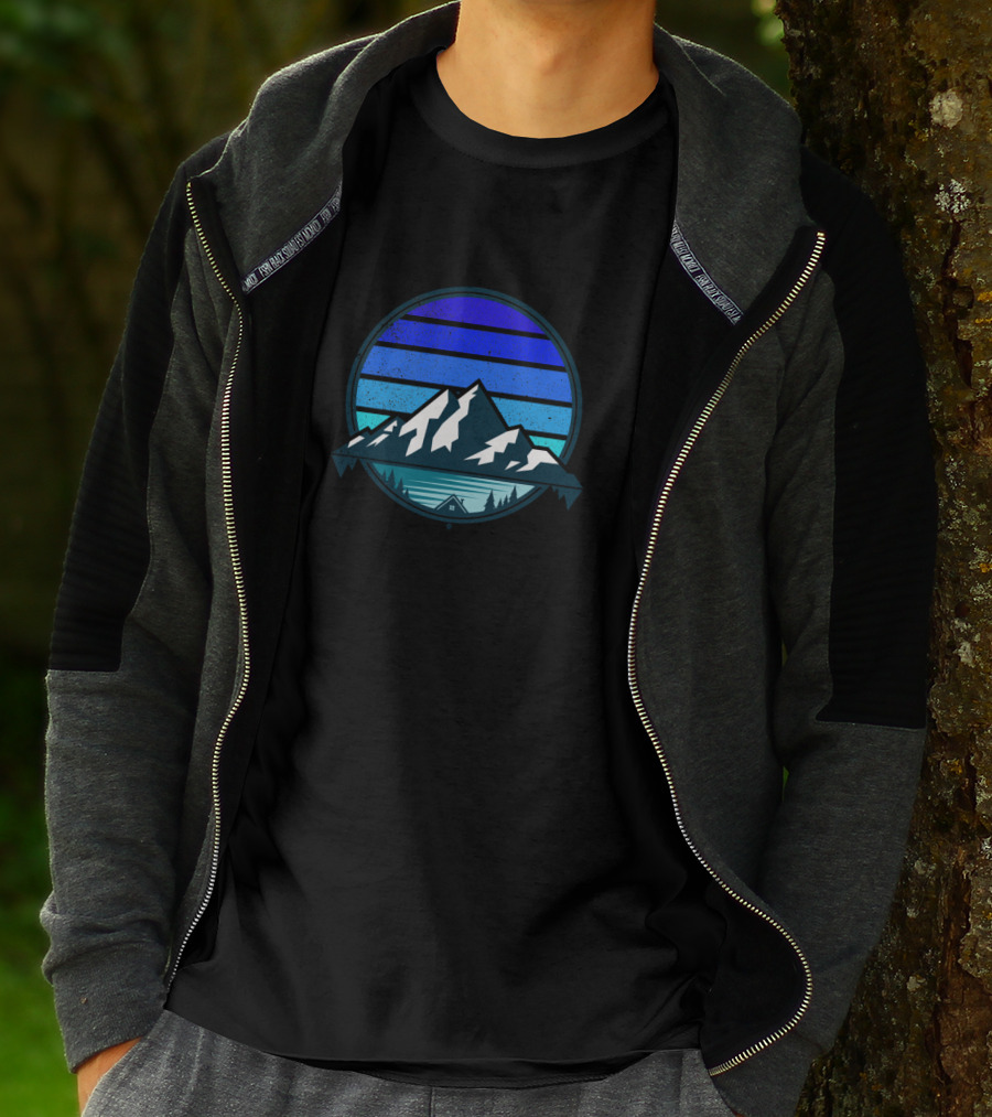 Mountain Landscape Stripes With Blue And White Snow Peaks And Cabin Scene T-Shirt