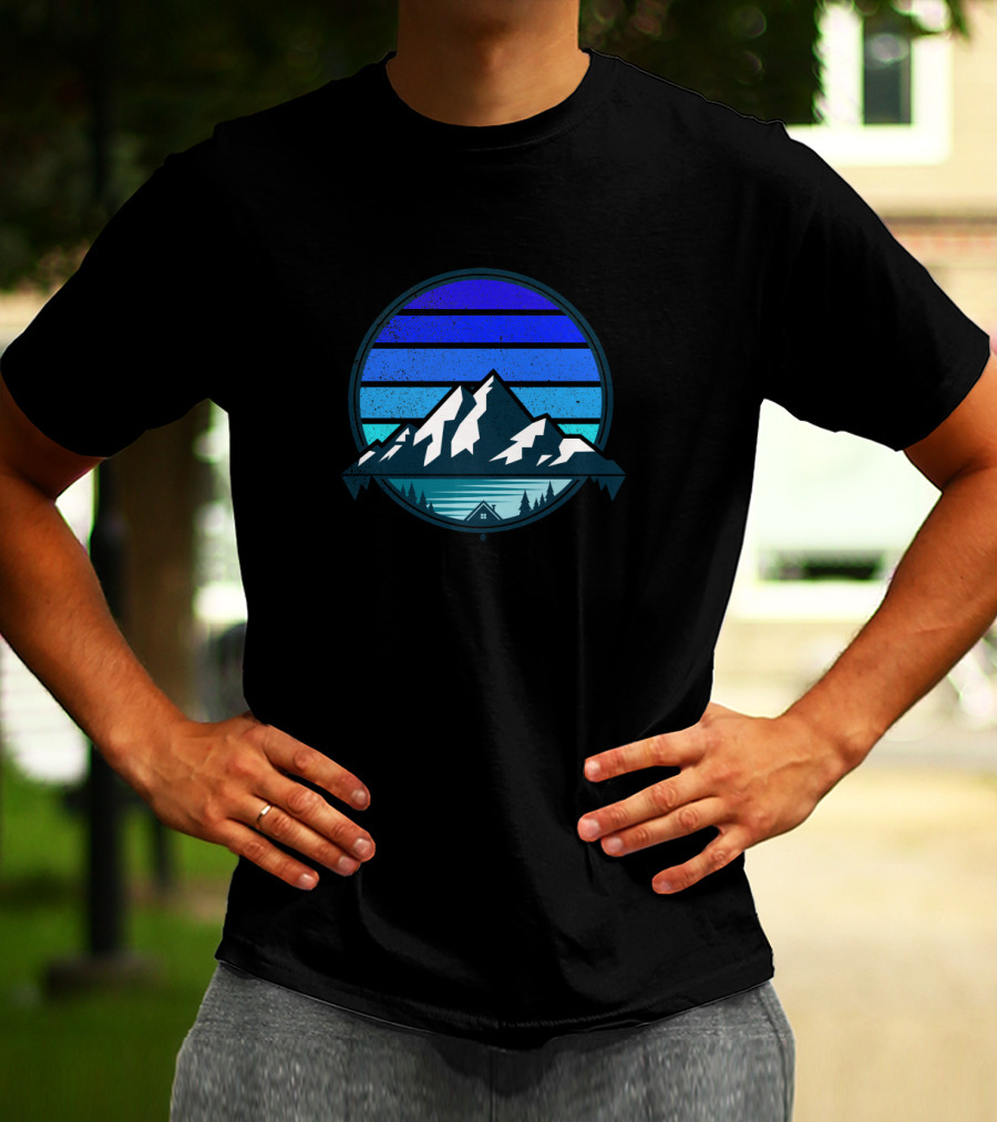 Mountain Landscape Stripes With Blue And White Snow Peaks And Cabin Scene T-Shirt