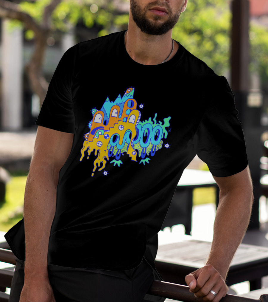 Blue Mountain Dripping Eye Pattern With Abstract Stairs And Faces T-Shirt