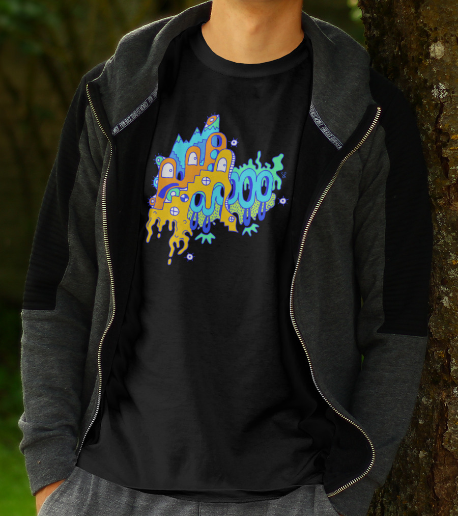 Blue Mountain Dripping Eye Pattern With Abstract Stairs And Faces T-Shirt
