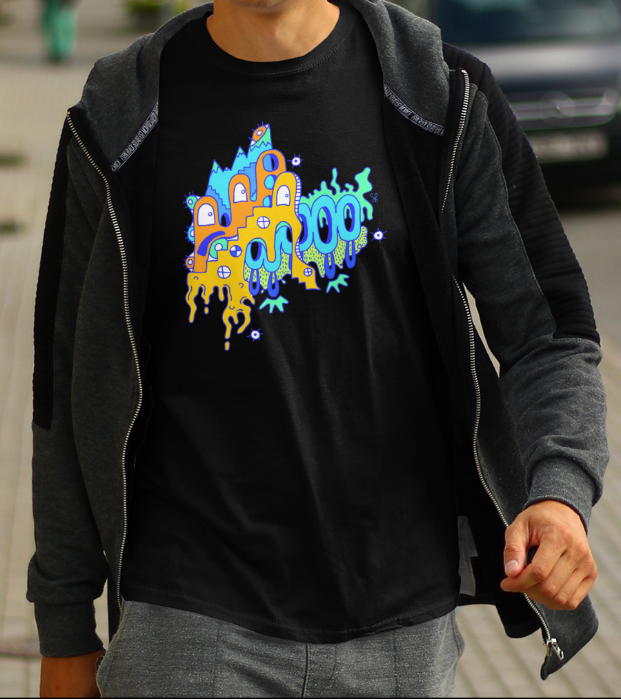 Blue Mountain Dripping Eye Pattern With Abstract Stairs And Faces T-Shirt