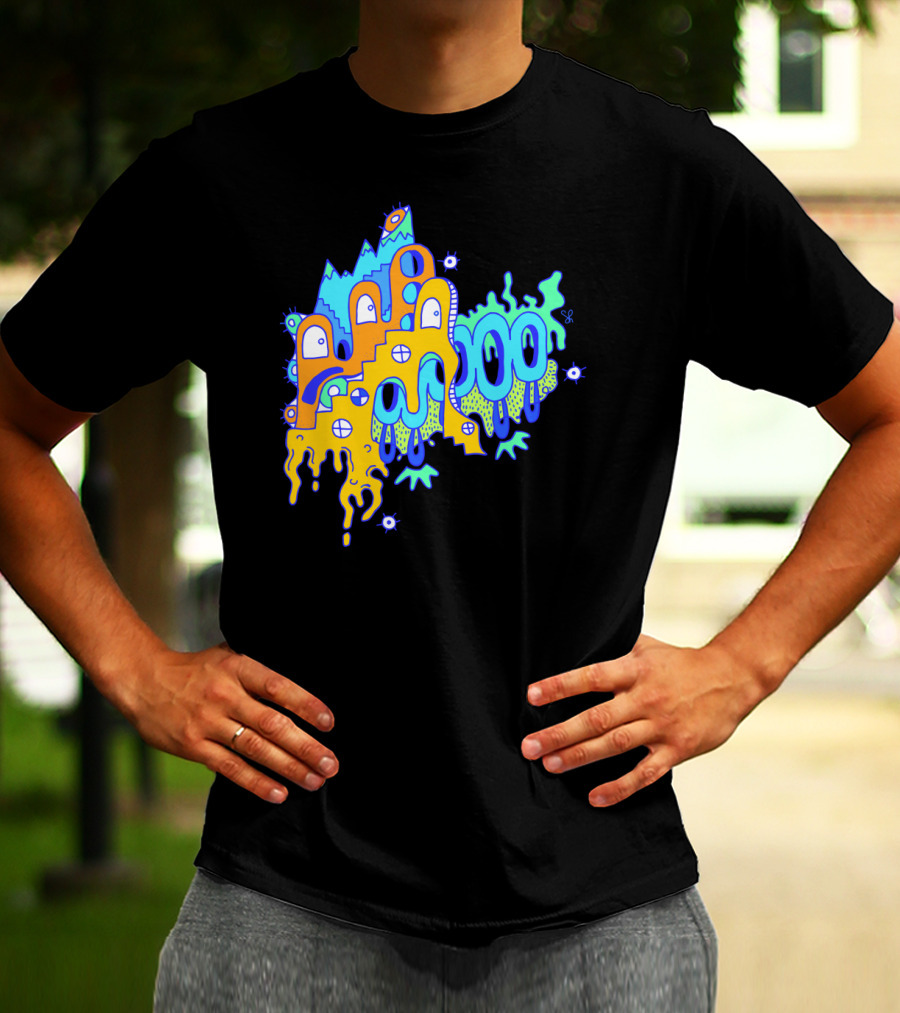 Blue Mountain Dripping Eye Pattern With Abstract Stairs And Faces T-Shirt