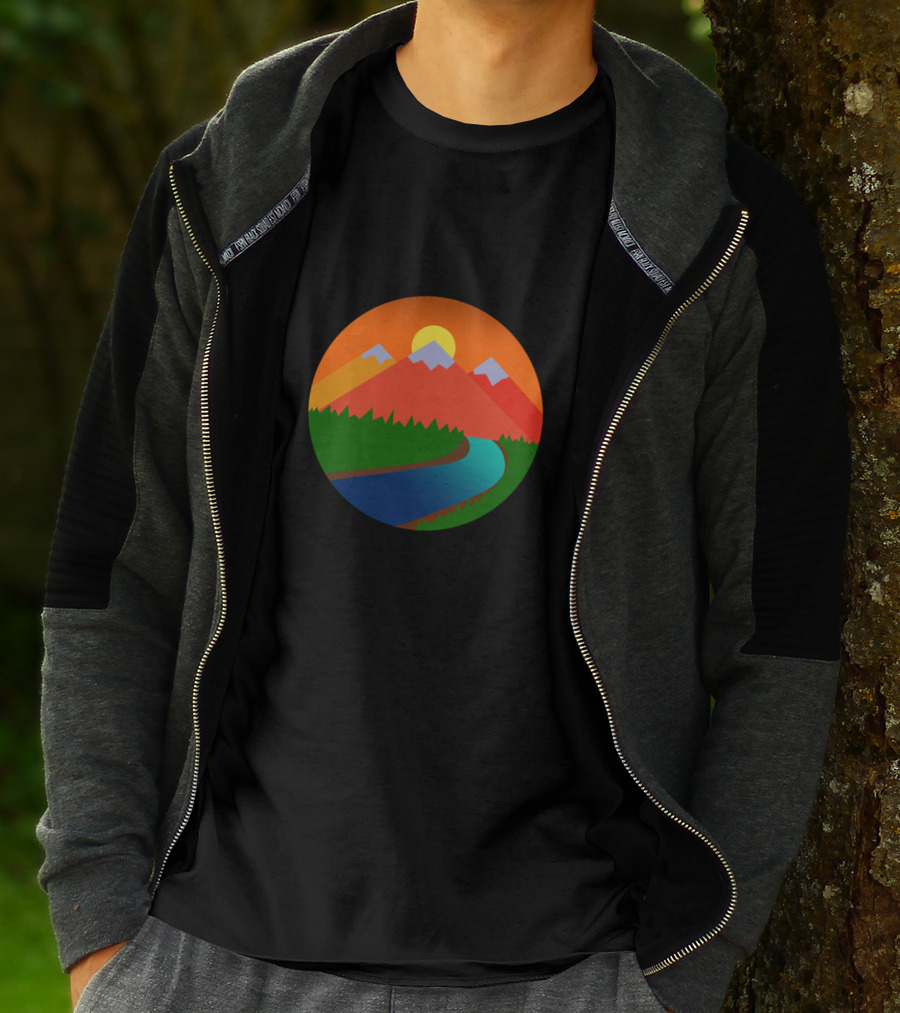 Sunset Over Colorful Mountain With River And Forest Scenery T-Shirt