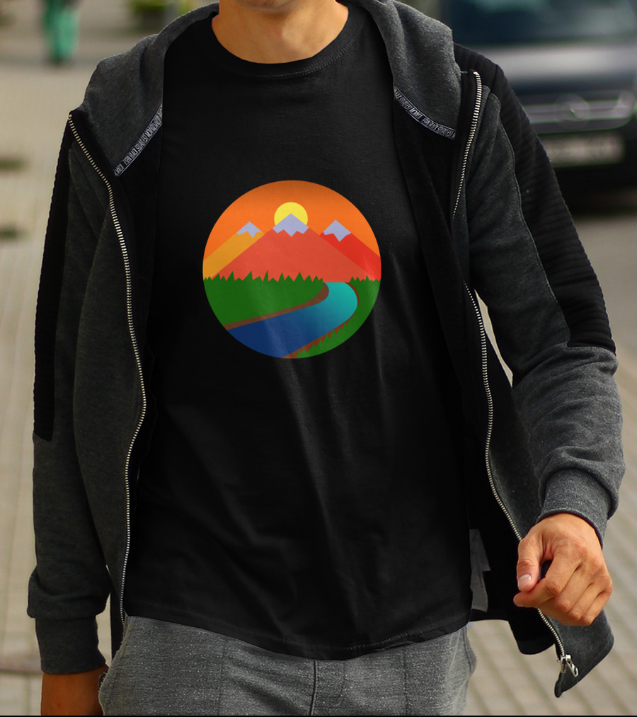 Sunset Over Colorful Mountain With River And Forest Scenery T-Shirt