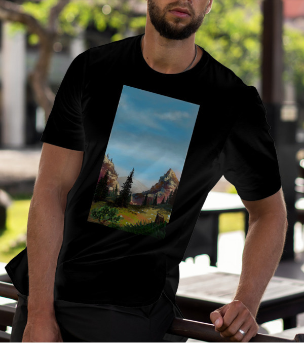Scenic Mountain Ridge Landscape With Pine Trees And Blue Sky T-Shirt