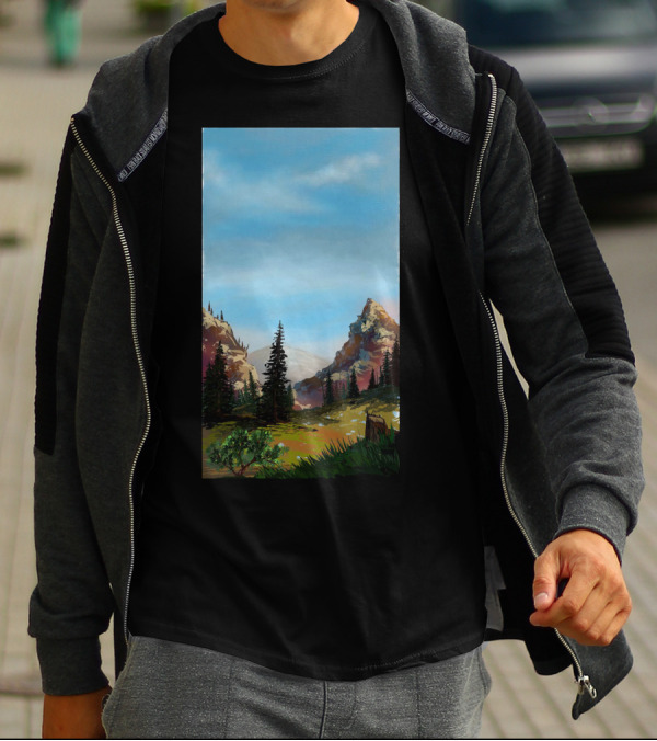 Scenic Mountain Ridge Landscape With Pine Trees And Blue Sky T-Shirt
