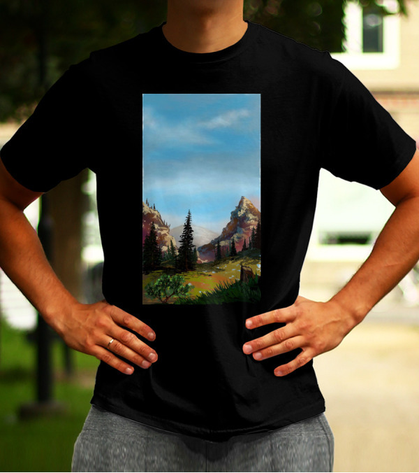 Scenic Mountain Ridge Landscape With Pine Trees And Blue Sky T-Shirt