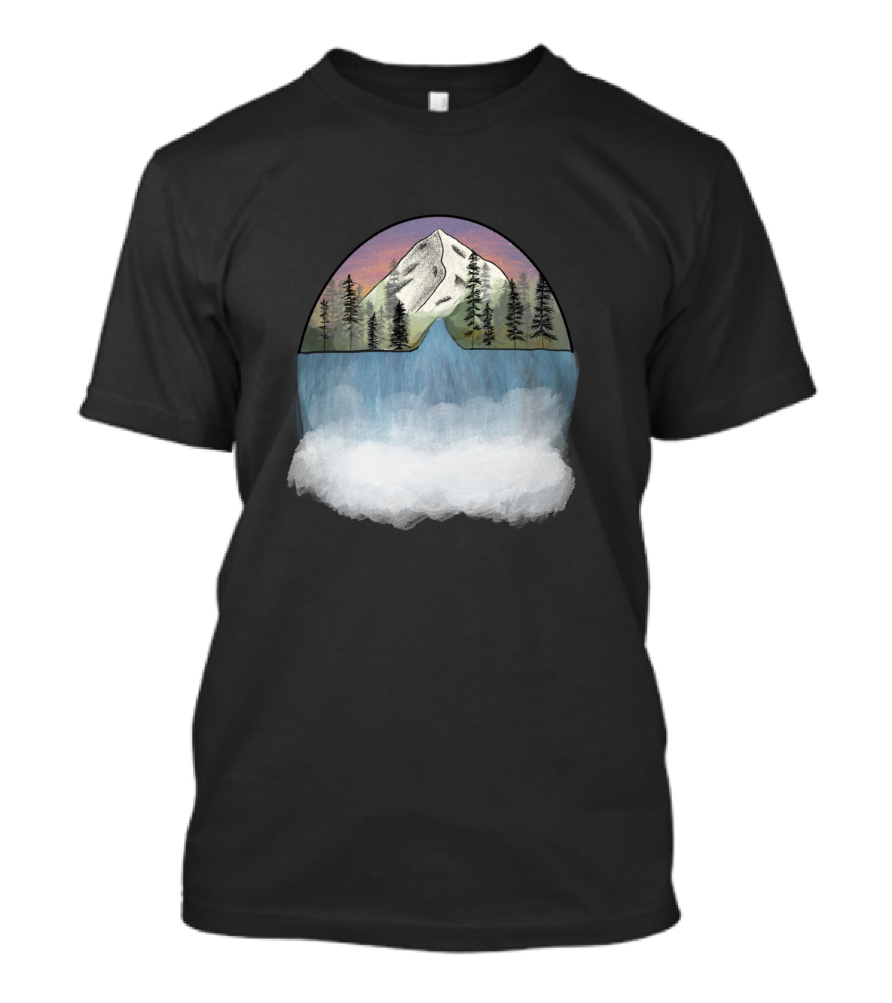 Mountain Waterfall Scene With Pine Trees And Sunset Sky T-Shirt