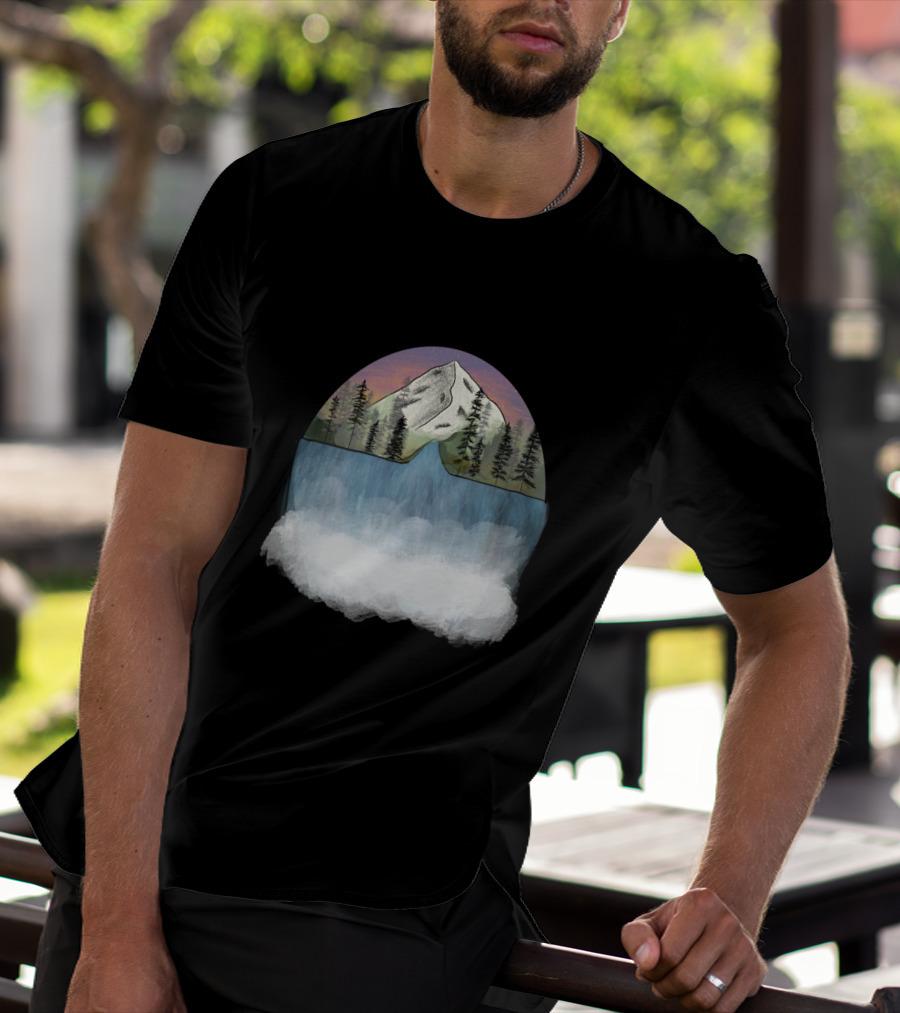 Mountain Waterfall Scene With Pine Trees And Sunset Sky T-Shirt