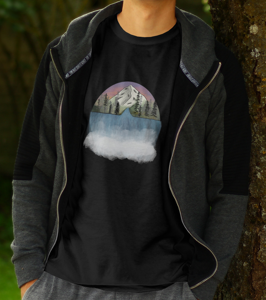 Mountain Waterfall Scene With Pine Trees And Sunset Sky T-Shirt