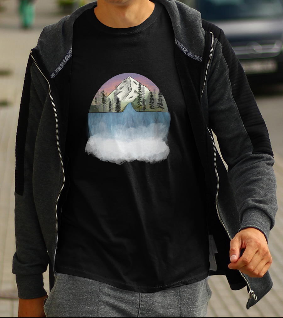 Mountain Waterfall Scene With Pine Trees And Sunset Sky T-Shirt